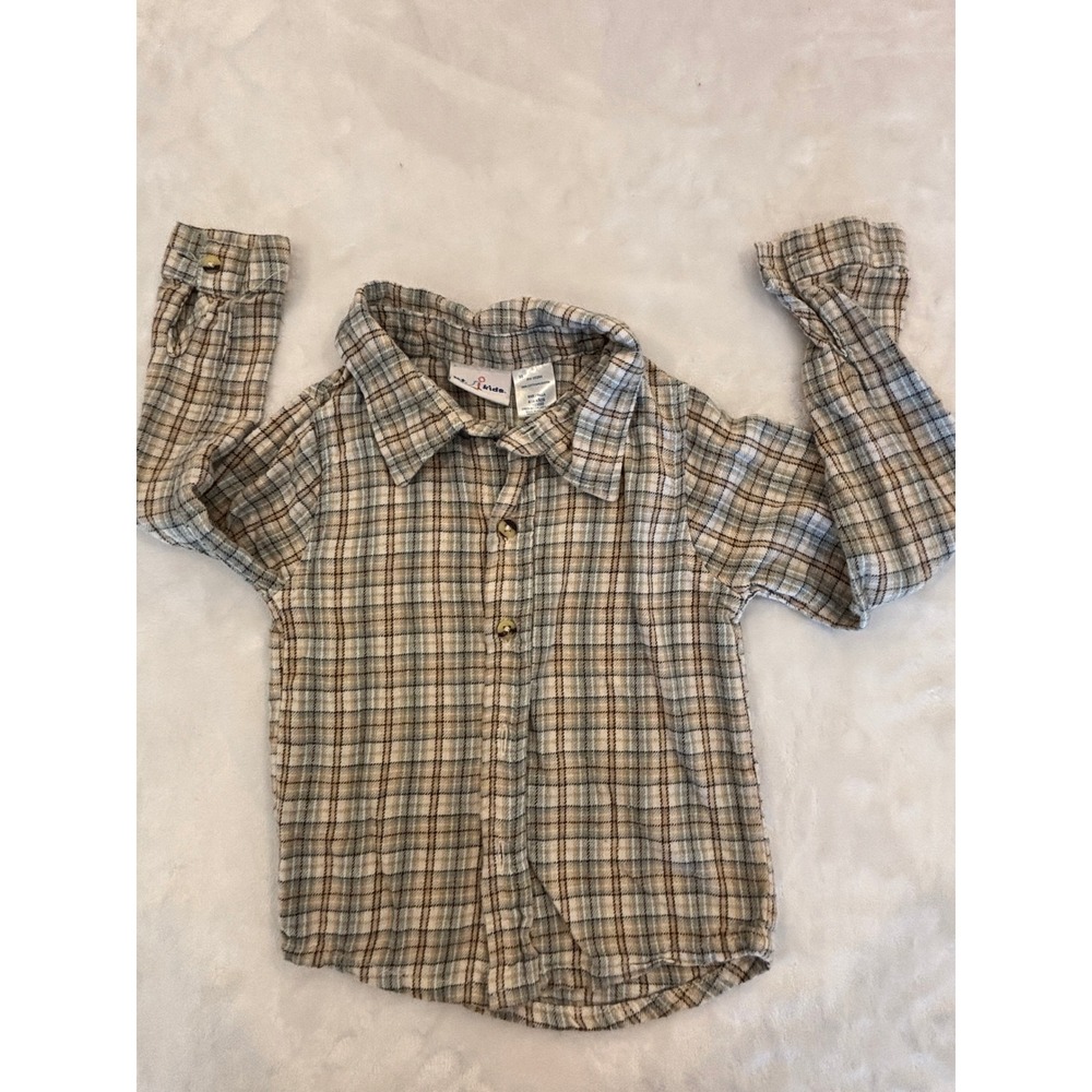 b.t. kids Boys Plaid Button Down Shirt Blue Tan Brown 100% Cotton Size 4